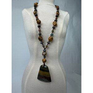 Handcrafted Beaded Necklace With Tigers Iron Pendant & Healing Stones 13" Long